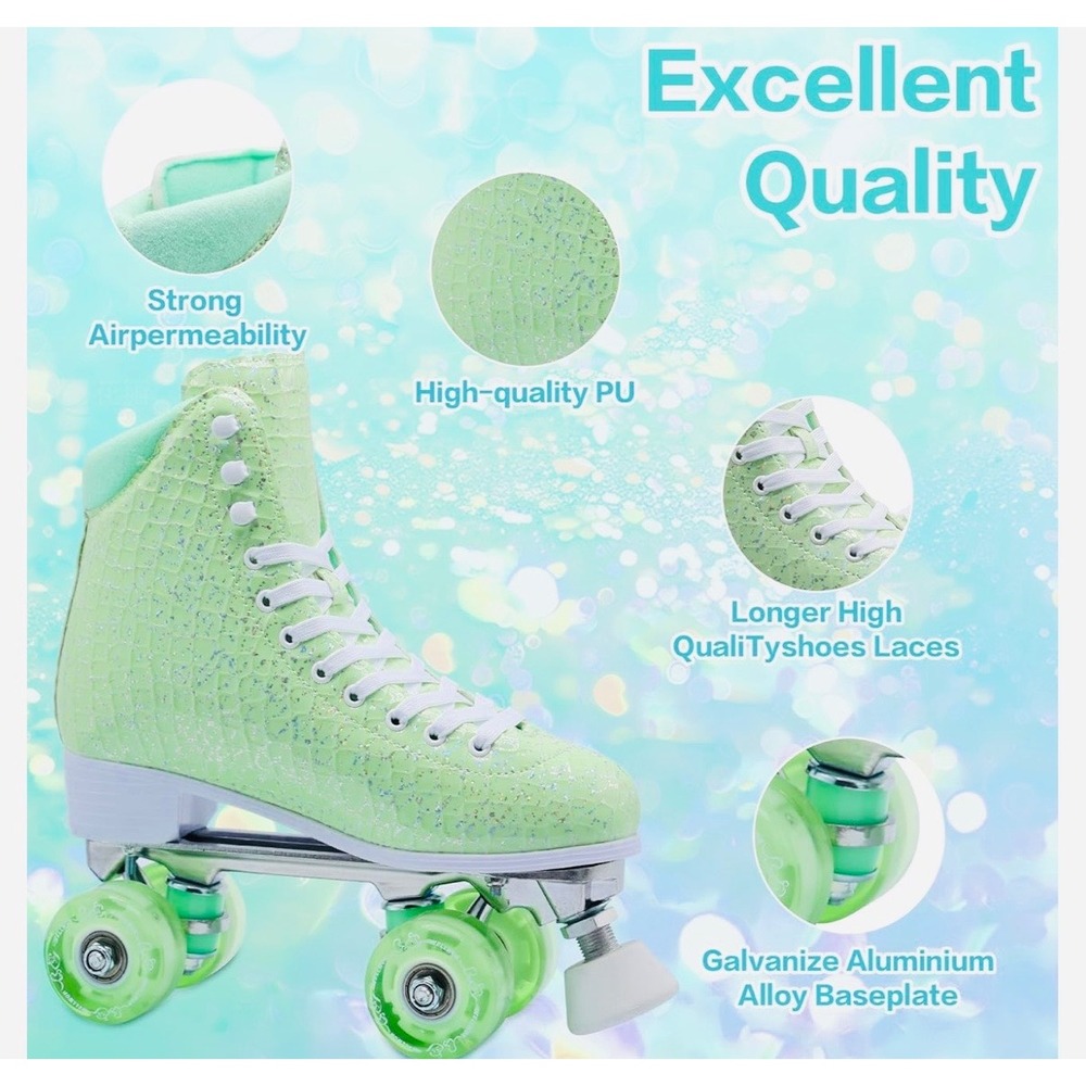 NEW Wellwon Girls 4 Youth Sparkling Mint‎ Green Light Up Wheel Roller Skates - Picture 5 of 10